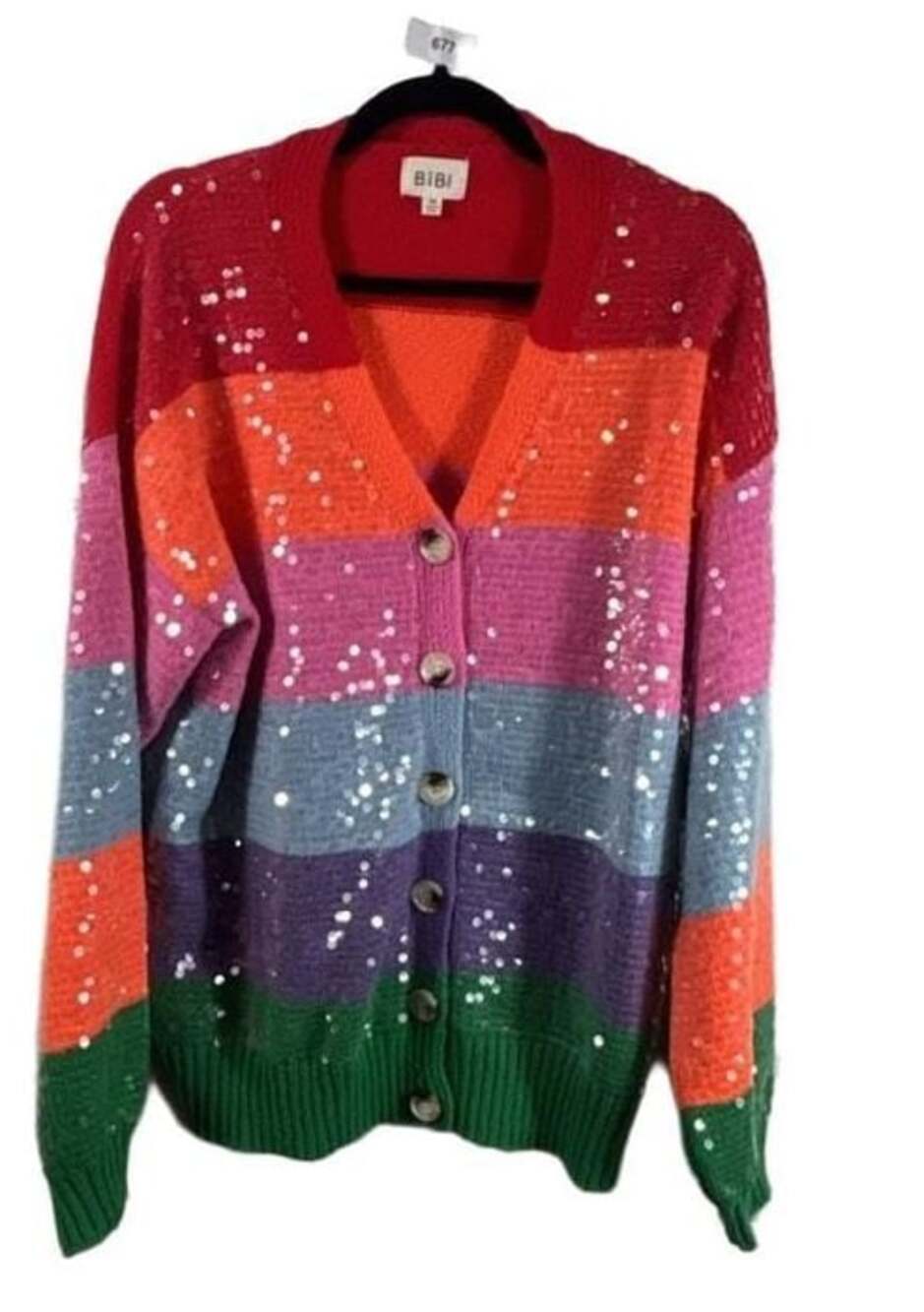 BiBi Multi Colorblocked Sequin-Embroidered Rainbow Striped V-Neck Cardigan